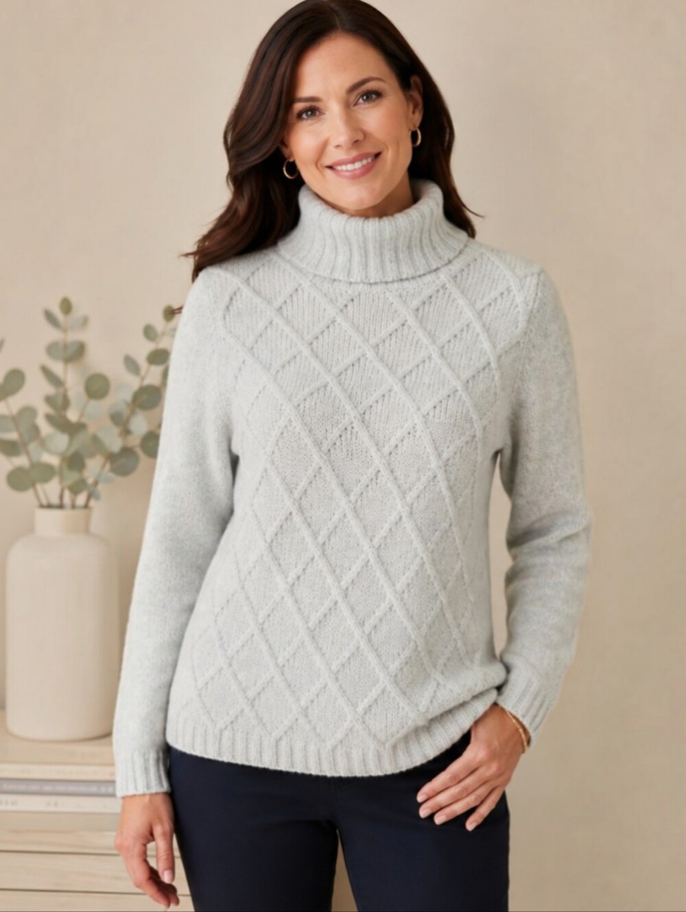 Anne Klein Ice Blue Diamond Pattern Cable Knit Turtleneck Sweater Medium